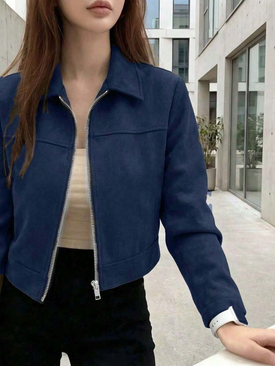 Chaqueta con cremallera de unicolor y cuello de ante sintético para mujer, uso casual para la escuela, el aeropuerto, primavera/otoño - Azul oscuro - Ver 1