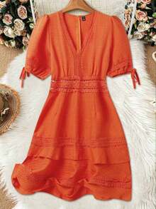Clasi Vestido mini de manga abullonada con ribete de encaje de unicolor para mujer, para verano - Naranja 2 - Ver 3