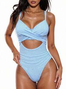Traje de baño de una pieza sexy para mujer con rayas, escote delantero hueco y cordones en la espalda, para el verano - Azul y blanco - Ver 6