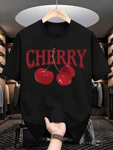 1 Fashionable Casual T-Shirt For Men And Women With Cherry Print, Casual Short Sleeve T-Shirt For Women, Summer Clothes With Fruit Design, It Is A Perfect T-Shirt To Give To Friends And Family On Any Holiday Or Special Occasion, Versatile, Easy To Match, Suitable For Daily Wear, Urban Style, Holiday Clothes, Weekend Wear. - 黑色 - 查看 2