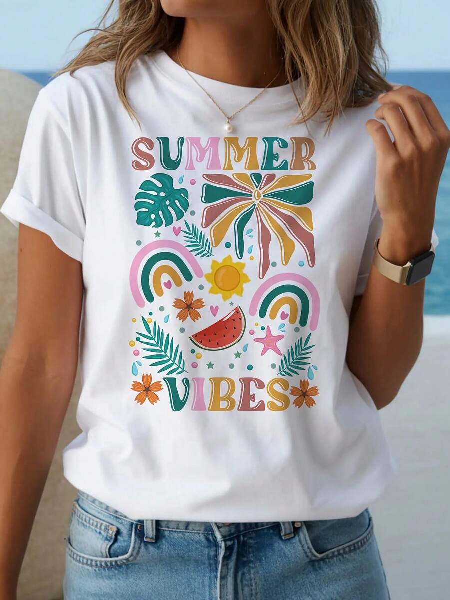Ms. Tee Vintage Tropical Print T-Shirt - White Short Sleeve Summer Style Top, Lightweight Casual Beach Shirt With Palm And Watermelon Print, Machine Washable Round Neck Holiday T-Shirt, Loose And Breathable Bohemian Style Short Sleeve Top For Spring, Fashionable Short Sleeve T-Shirt / Short Sleeve Tee 100% Cotton. - 白色 - 查看 1