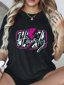 Camiseta con estampado de vaca y rayo eléctrico TeeHowdy - Camiseta de manga corta con cuello redondo, estilo casual y holgado para mujer, súper suave y transpirable, ideal para verano, primavera y otoño - Perfecta para conciertos de country, festivales de música, eventos de rodeo occidental, ropa deportiva casual de verano para mujer y ropa de verano para vacaciones. Camiseta de manga corta / tee de manga corta 100% algodón. - Negro - Ver 1