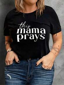 Camiseta vintage de 1 pieza para mujer con estampado "Mama Prays", camisetas, top blanco, camisetas gráficas para mujer, camiseta unisex casual de cuello redondo, tela de punto ligera, lavable a máquina, para primavera/verano/otoño, Navidad, Día de San Valentín, Día de Acción de Gracias. - Negro - Ver 2