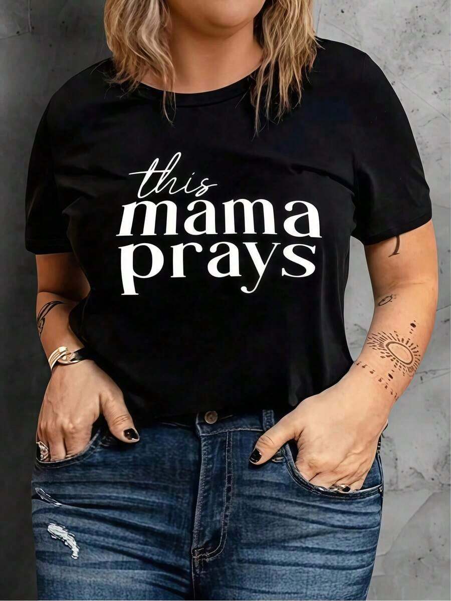 Camiseta vintage de 1 pieza para mujer con estampado "Mama Prays", camisetas, top blanco, camisetas gráficas para mujer, camiseta unisex casual de cuello redondo, tela de punto ligera, lavable a máquina, para primavera/verano/otoño, Navidad, Día de San Valentín, Día de Acción de Gracias.