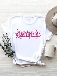 Women's T-Shirt Made Of Pure Cotton With "Scientist" Print, Round Neck, Casual Style, Soft, Breathable, Ideal For Summer, Comfortable And Fashionable Everyday Wear - 白色 - 查看 6