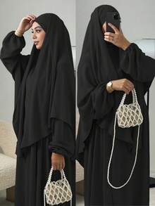 3件組 Khimar+Abaya 柔軟穆斯林祈禱服裝，長款 Abaya 配搭同色系頭巾，休閒外出必備時尚單品 (頭巾+洋裝+腰帶) 祈禱吉爾巴布 - 彩色 - 查看 43