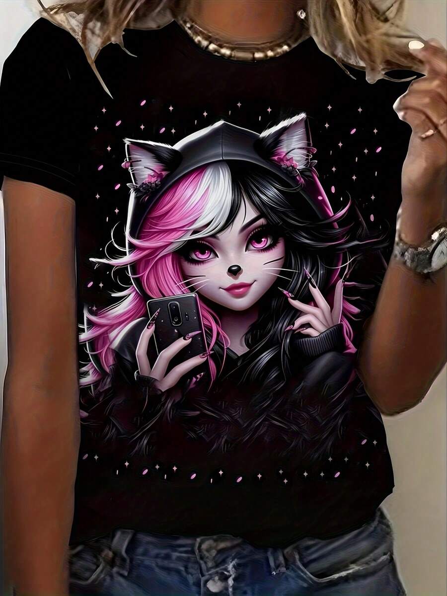 Blusas para mujer y playeras de mujer, Camiseta negra con chica gato anime en tonos rosa y negro, estilo moderno y tierno para looks casuales y únicos, blusas casuales para dama ideal como vestidos casuales para mujer para uso diario y salidas informales - Negro - Ver 1