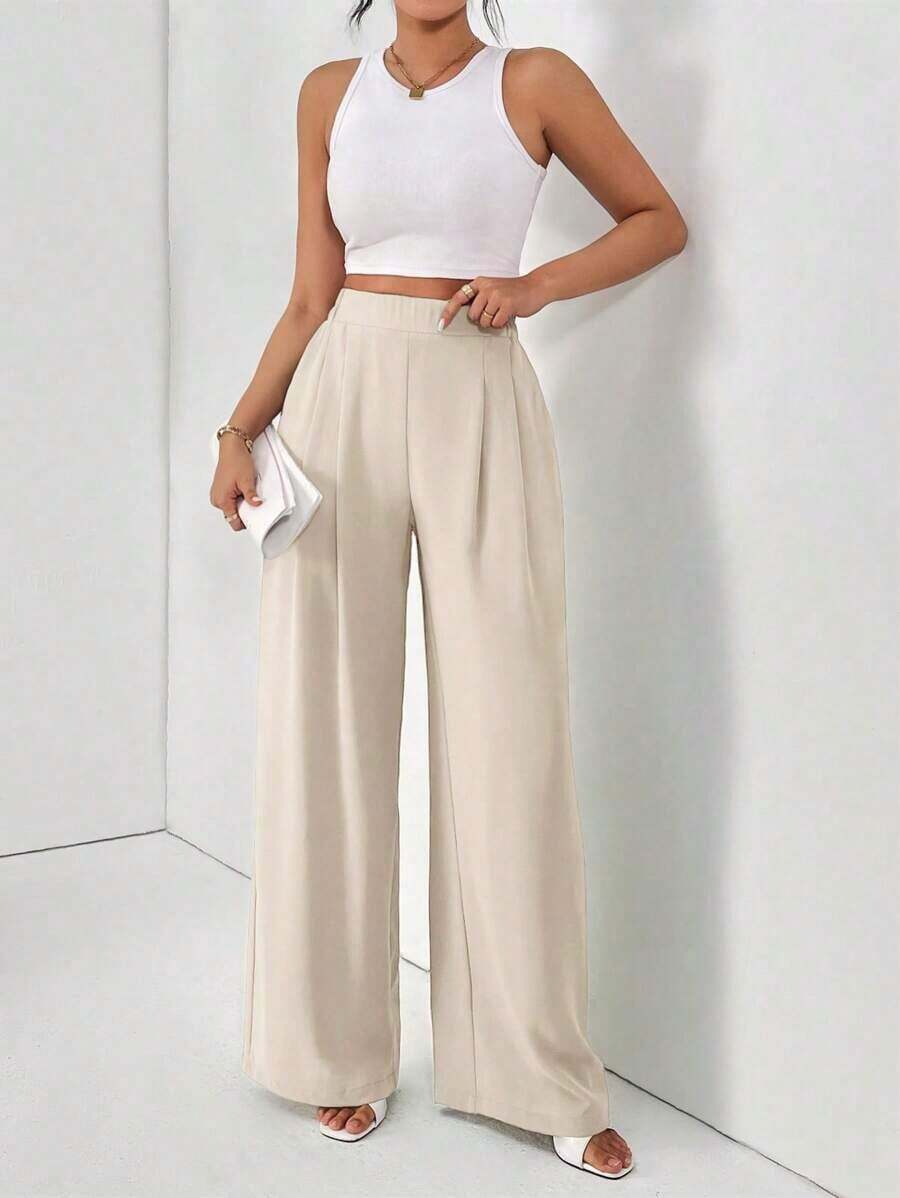Pantalones holgados básicos casuales de cintura alta de unicolor, plisados y de pierna ancha para mujer - Albaricoque 2 - Ver 1