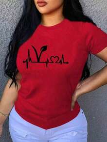Modern Minimalist Short Sleeve T-Shirt With Letter Print, Graphic Tees For Women - Retro Casual Style, Unisex, Cotton Short Sleeve T-Shirt For Everyday Casual Wear - 紅色 - 查看 1