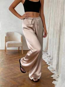 1pc Solid Color Drawstring Pocket Satin Pants, Comfortable For Home Wear, All Season Spring - Khaki - View 9
