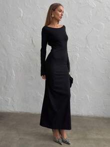 Vestido Largo Mujer Estilo Retro Americano, Manga Larga, Cuello Redondo, Espalda Descubierta, Ajustado, Elegante y Delicado - Negro - Ver 8