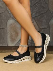 Vintage Elastic Mary Jane Women's Shoes, Hollow Wave Thick Platform Wedge Shoes, Lightweight Non-Slip Low Vamp Casual Commuter Shoes - Black - View 3