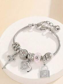 1 chiếc vòng tay charm nữ đeo hàng ngày, kiểu dáng dây rắn, khóa hình trái tim đính đá, màu bạc, họa tiết lãng mạn, thích hợp cho ngày Valentine. - Nhiều màu - Xem 3