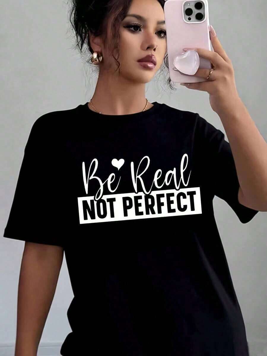 Women's Casual T-Shirt With "Be Real Not Perfect" Print, Soft And Comfortable, Gift For Birthday, Valentine's Day, Mother's Day > Beautiful. - 黑色 - 查看 1