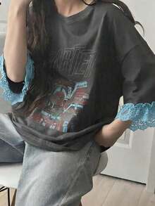 Camiseta de manga corta para mujer con ajuste holgado, estampado de letras, parches de encaje, de mezcla de algodón transpirable, versátil para primavera/verano - Gris 5 - Ver 6