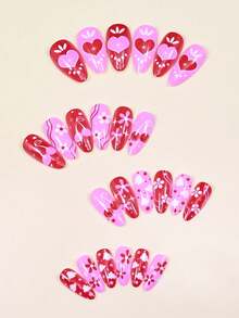 24PCS Short Almond Press On Nails With Design, Colorful Stars Polka Dots Hearts Pattern Fake Nails Cute Full Cover Nude Pink Acrylic Nails Spring Summer Color Vitality Glue On Nails For Women Girls - Multicolor - View 2