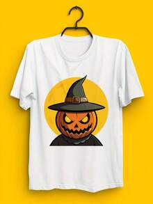 Women's Thick Knit T-Shirt - Halloween Pumpkin And Wicked Witch Hat Graphic Design, White With Black And Gold Print, Short Sleeve, Crew Neck, Casual T-Shirt For Halloween And Day Of The Dead Costumes, Fun And Spooky Party Outfit, Machine Washable, Soft And Breathable, Women's Sports T-Shirts - 白色 - 查看 6