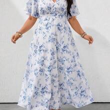 Clasi Loose V-Neck Batwing Sleeve Blue & White Ceramic Print Casual Holiday Plus Size Dress - Rosa - Ver 2