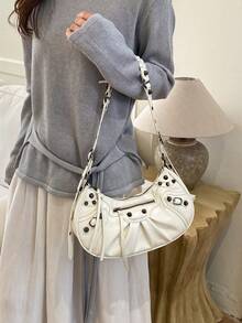 2026 Spring/Summer New White Motorcycle Style Pleated Crescent Underarm Rivet Fringe Design Shoulder Crossbody Bag, Versatile Texture Punk Retro Commuter Bag With Large Capacity - White - View 4
