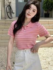 Blusa de punto de manga corta con contraste de rayas, casual de negocios - Rosa Pálido - Ver 3