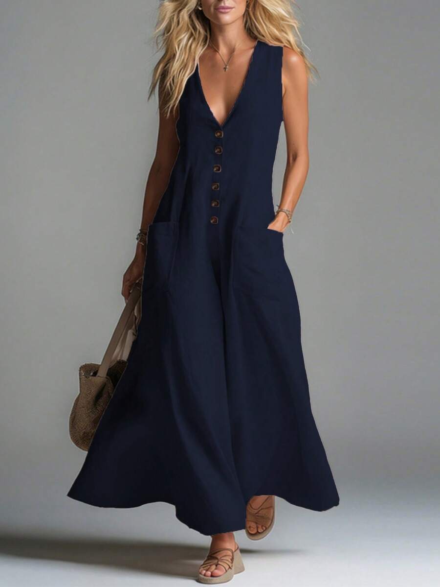 Vestido nuevo de primavera-verano para mujer, estilo casual, unicolor, escote V profundo, bolsillos de parche, diseño favorecedor, perfecto para looks de día, paseos y ocasiones informales - Azul lavado medio - Ver 1