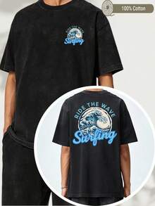 Double-Sided Printed T-Shirt, Casual Black Washed Effect T-Shirt, Surf Design With Blue Ocean Waves And Aquatic Art, Japanese Vintage Ukiyo-E Style, Beach Theme, For Summer Beach Vacation, Surfing Sports, Loose Fit Urban Style. - 黑色 - 查看 7