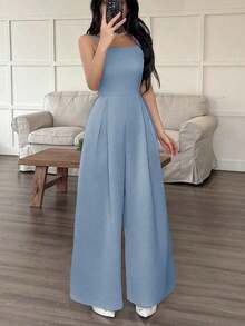 de pierna ancha holgado con pliegues plegados de unicolor para uso casual y diario de verano para mujeres - Azul - Ver 5