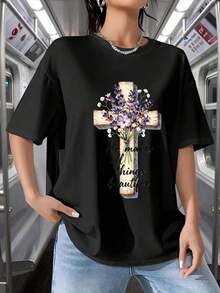 Women's Christian Faith T-Shirt - Boho Chic Style With Watercolor Wildflower And Cross Print, Short Sleeve, Round Neck, Casual Church Wear, Gift For Daughter Or Sister, Machine Washable Religious Clothing, Relaxed Fit T-Shirt - 黑色 - 查看 6