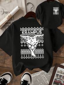 Figura de criatura con cuernos y expresión misteriosa rodeada de patrones geométricos tradicionales que evocan poder ancestral y energía invernal camiseta de mujer estampado doble moderna casual - Negro - Ver 8