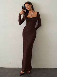Vestido negro ajustado hasta el suelo con cuello corsé ahuecado y mangas largas con encaje en forma de S sexy para mujer para fiestas, citas y banquetes de otoño/invierno nuevo - Marrón Chocolate - Ver 4