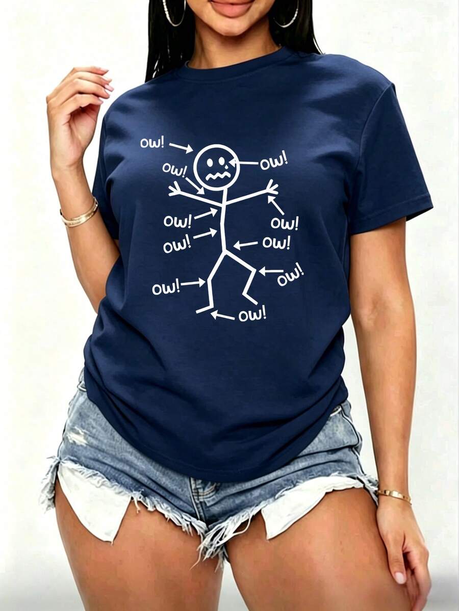 Playera Casual Mujer "Palito 'Ow'" - Azul Marino con Estampado Humorístico de Personaje
