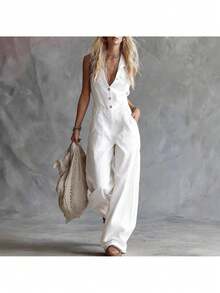 Sleeveless Linen Jumpsuit With V-Neck And Front Buttons, Modern Casual Western Style, New 2026 Collection - 白色 - 查看 3
