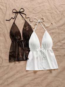 2 piezas Camiseta sin espalda con escote en V y tirantes con estampado de leopardo sexy, adecuada para vacaciones, citas, té de la tarde, vacaciones, festivales de música, estilo bohemio - Multicolor 9 - Ver 6
