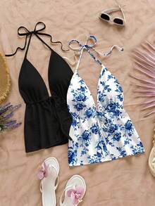 2 piezas Camiseta sin espalda con escote en V y tirantes con estampado de leopardo sexy, adecuada para vacaciones, citas, té de la tarde, vacaciones, festivales de música, estilo bohemio - Multicolor 11 - Ver 6