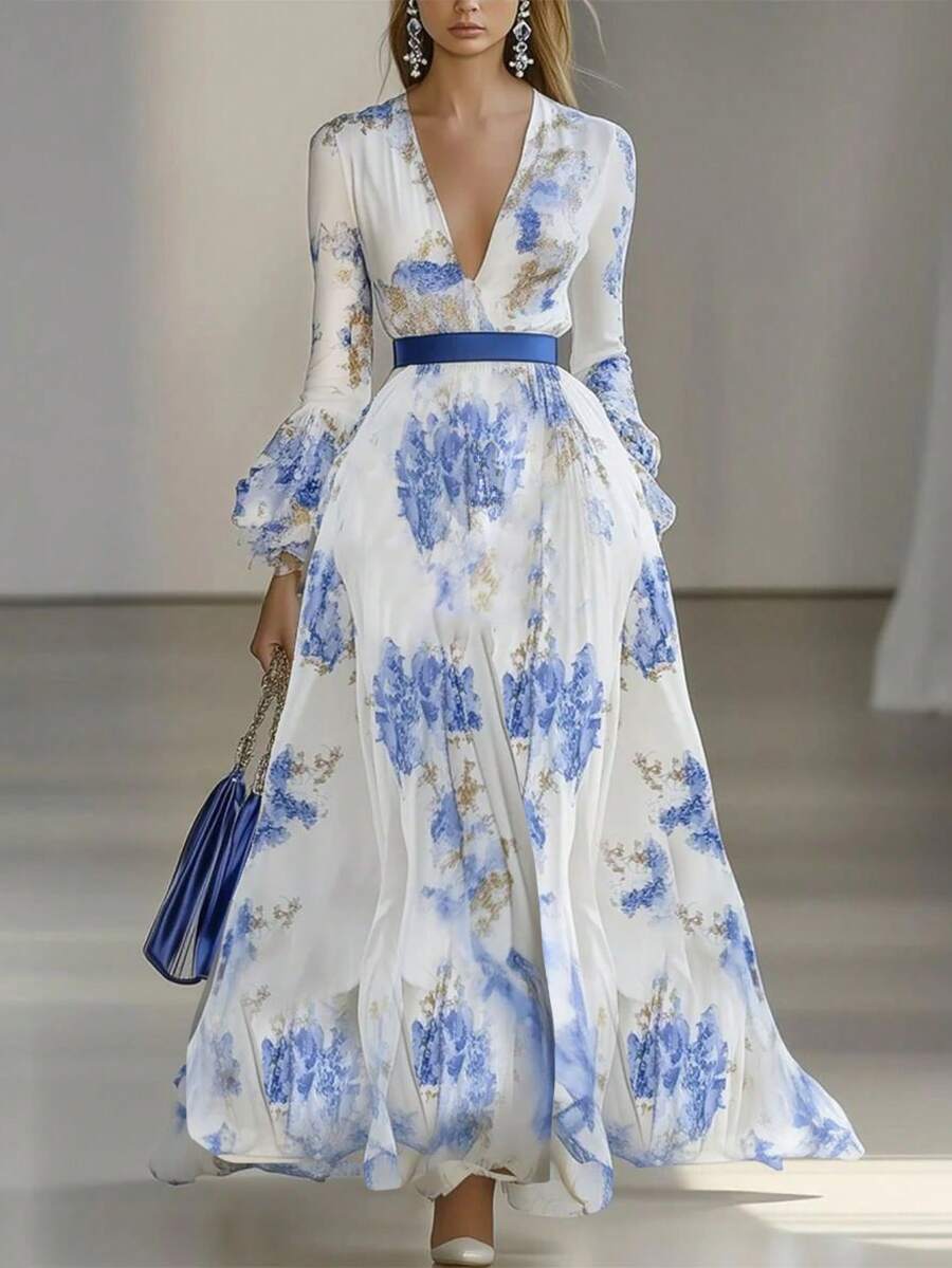 Elegant Printed Maxi Dress, Ideal For Runway Shows, Parties, And Holidays. Sophisticated Modern Design, European Fashion For Women. - Blue - View 1
