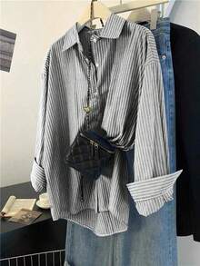 Camisa de mujer de un solo pecho a rayas, versátil y casual para uso diario - Gris - Ver 1