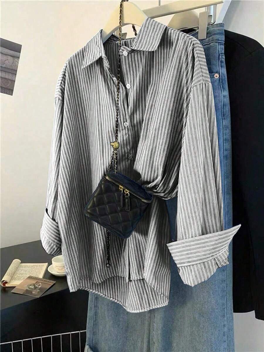 Camisa de mujer de un solo pecho a rayas, versátil y casual para uso diario - Gris - Ver 1