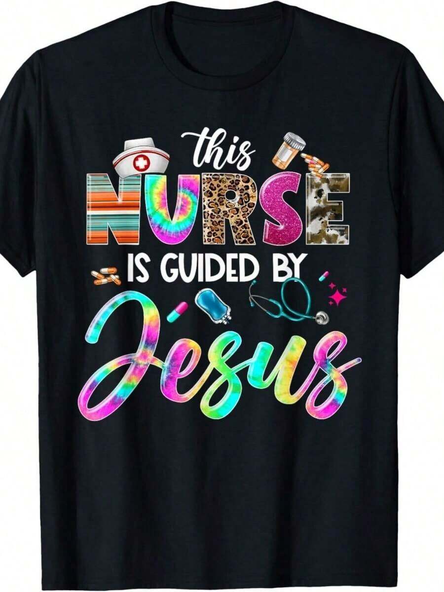 Camia de Enfermera con Estampado de Estetoscopio y la Frase 'Guiada por Jesús', Transpirable y Cómoda - Negro 9 - Ver 1