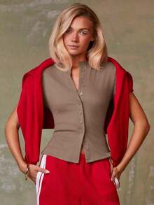 Cárdigan rojo casual para mujer - Caqui - Ver 3