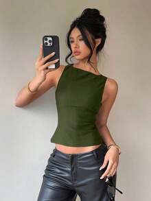 Blusa sin mangas con cuello redondo y lazo en la espalda, para uso casual y de oficina - Verde militar - Ver 8