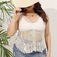 Plus-Size Women's V-Neck Hollow-Out Beach Cover-Up Top - Off White - View 5