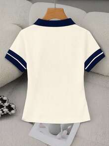Blusa casual de mujer con cuello polo a rayas y manga corta - Blanco 2 - Ver 2
