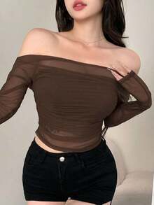 Blusa elástica de malla transparente con hombros descubiertos, para primavera/verano - Óxido marrón - Ver 4