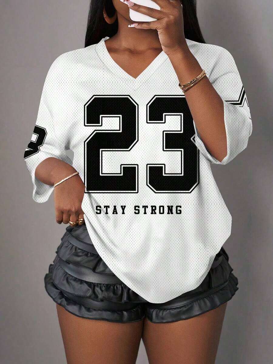 Camiseta de mujer con gráfico de letras y números, de estilo minimalista y casual, adecuada para el verano - Blanco - Ver 1
