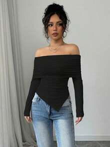 Camiseta elegante de mujer con hombros descubiertos, solapa ancha, dobladillo con cordón y ajuste delgado, para primavera y otoño - Negro - Ver 3