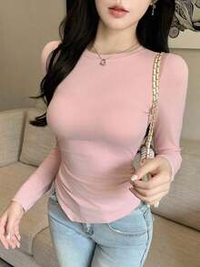 Camiseta de mujer de manga larga con diseño asimétrico y ajuste ceñido, ropa de otoño con estilo preppy - Rosa - Ver 4