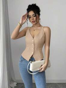 Camiseta sin mangas de un solo pecho de unicolor casual para mujer - Caqui - Ver 6
