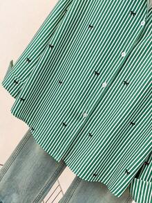Camisa de manga larga con estampado a rayas y lazo, con botones delanteros, cuello de camisa, top casual, adecuado para primavera, otoño e invierno en color rosa - Verde - Ver 7