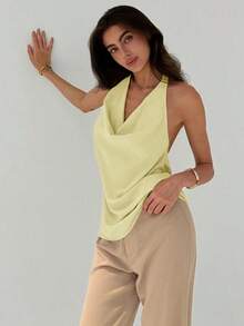 Camiseta ajustada con escote en pico minimalista y elegante para mujer - Amarillo - Ver 3