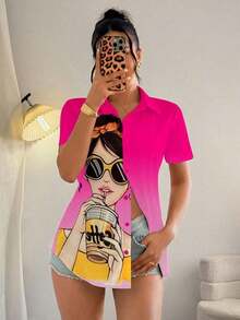 Blusa de mujer con estampado de chica de moda, manga corta y abotonadura, top de manga corta - Multicolor - Ver 3